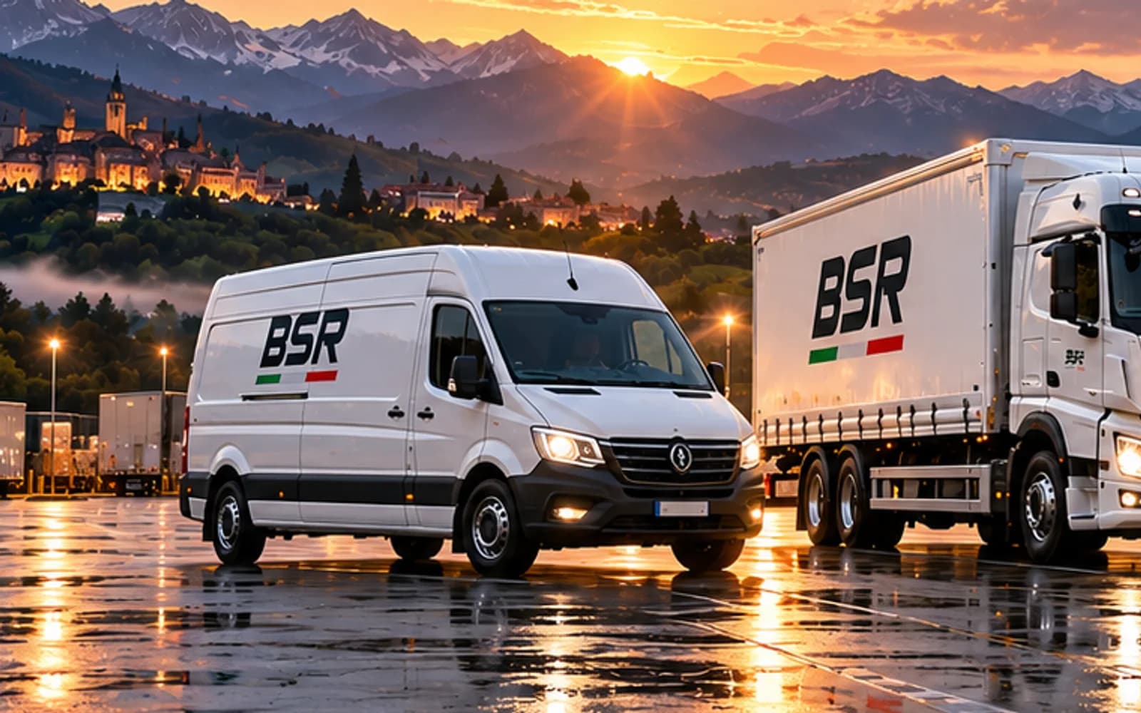 Furgone bianco con livrea BSR su un piazzale logistico bagnato, al tramonto.